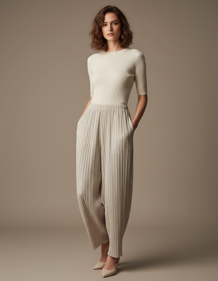 Pantalon À Pince Plissé Ample Beige Décontracté Fluide - Polyester