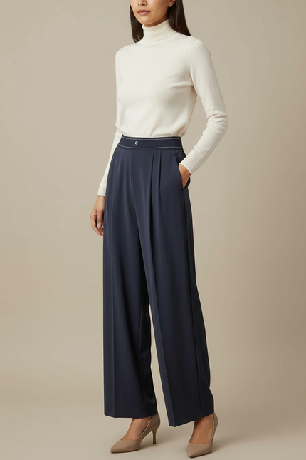 Pantalon À Pince Bleu Marine Fluide Élégant Femme - Viscose