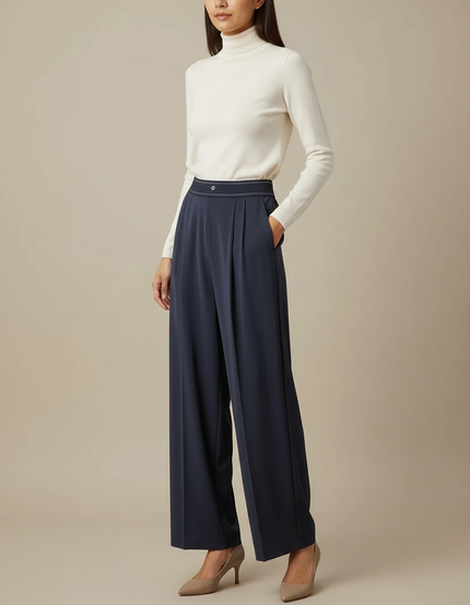 Pantalon À Pince Bleu Marine Fluide Élégant Femme - Viscose