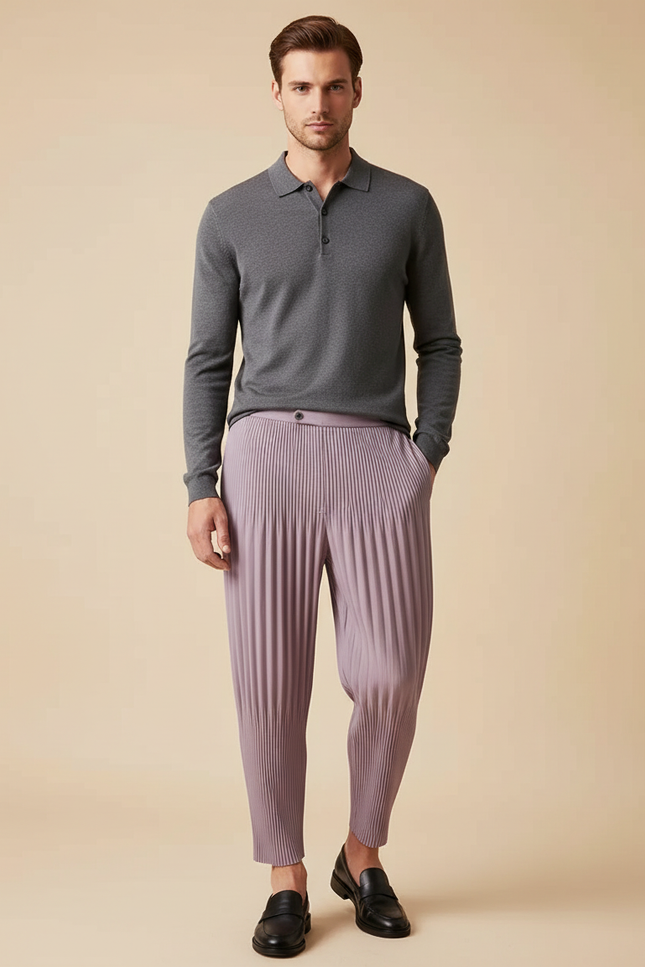 Pantalon À Pince Plissé Violet Ample Décontracté Homme - Polyester