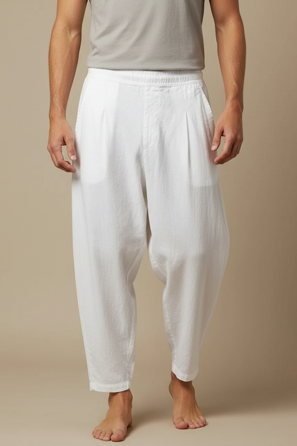 Pantalon À Pince Blanc Lin Ample Décontracté Homme