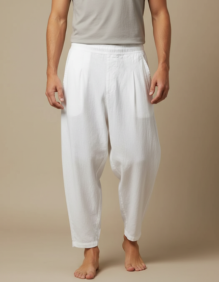 Pantalon À Pince Blanc Lin Ample Décontracté Homme