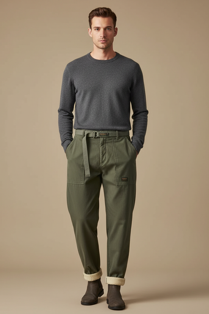 Pantalon À Pince Kaki Velours Décontracté Ample Homme - Toile