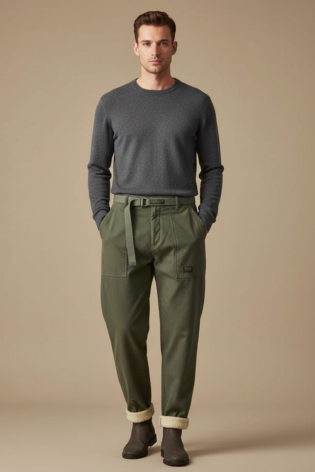 Pantalon À Pince Kaki Velours Décontracté Ample Homme - Toile
