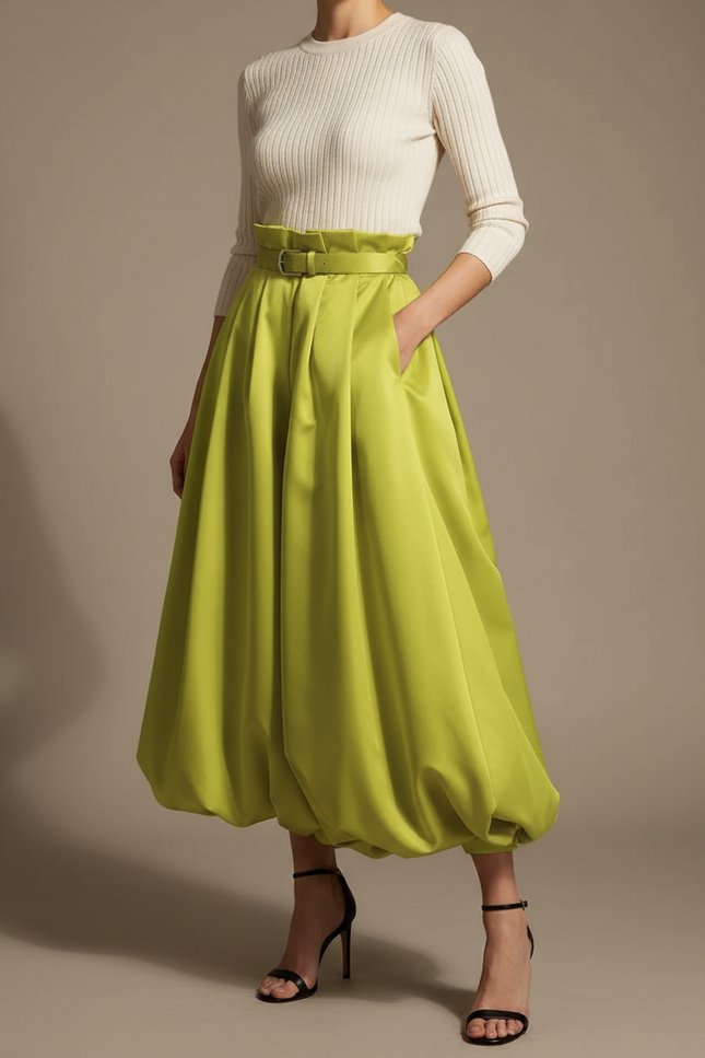 Pantalon À Pince Vert Satiné Bouffant Élégant Femme