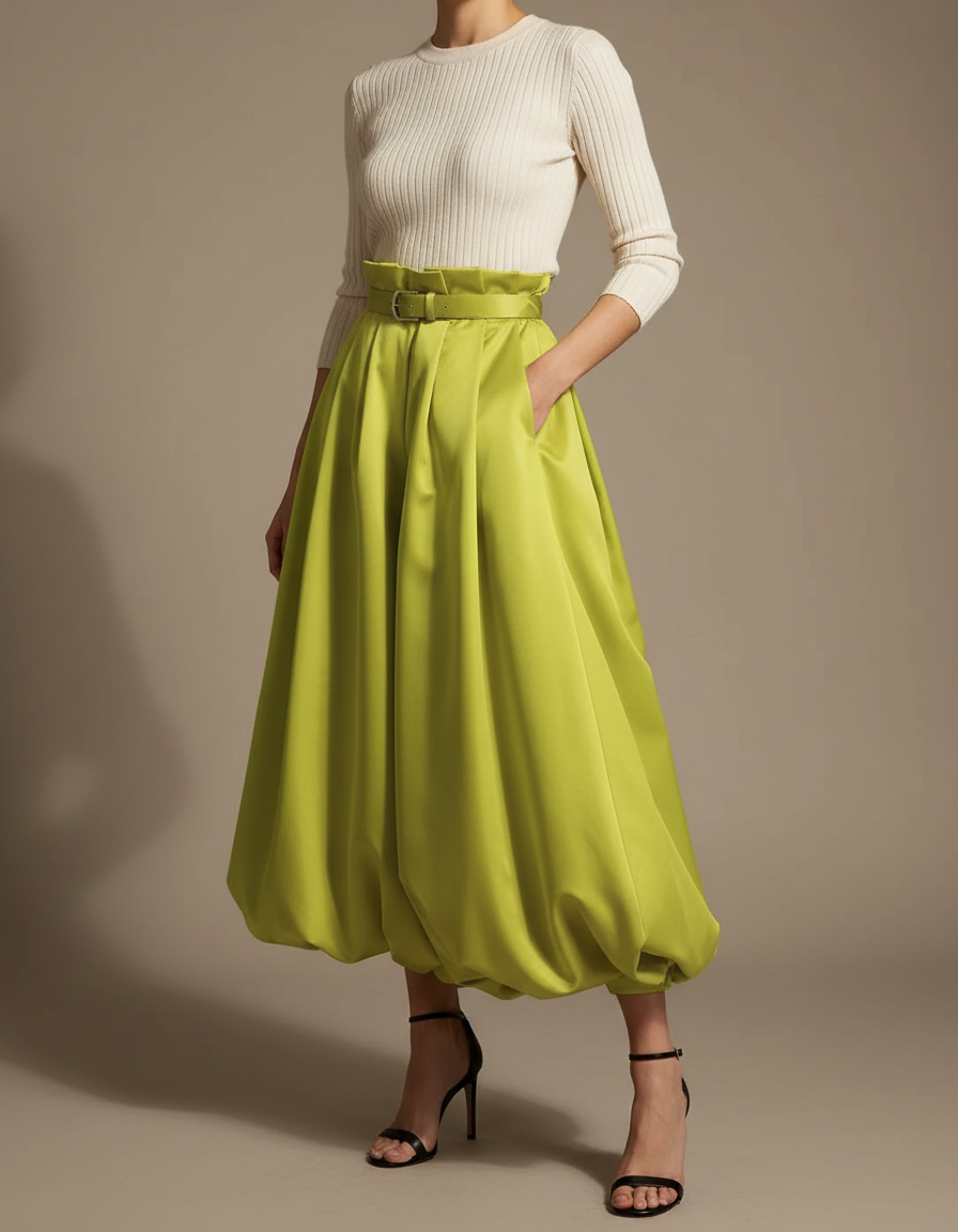 Pantalon À Pince Vert Satiné Bouffant Élégant Femme