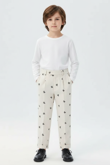 Pantalon À Pince Beige Brodé Papillons Enfant Élégant - Gabardine