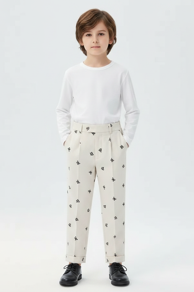 Pantalon À Pince Beige Brodé Papillons Enfant Élégant - Gabardine