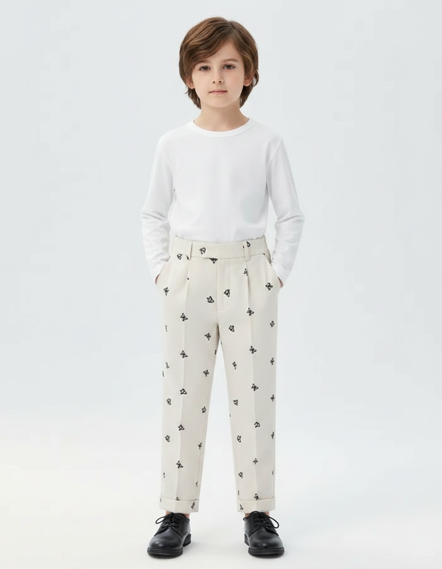 Pantalon À Pince Beige Brodé Papillons Enfant Élégant - Gabardine