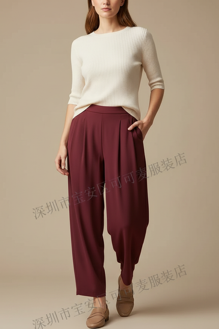 Pantalon À Pince Bordeaux Plissé Fluide Ample Femme - Polyester