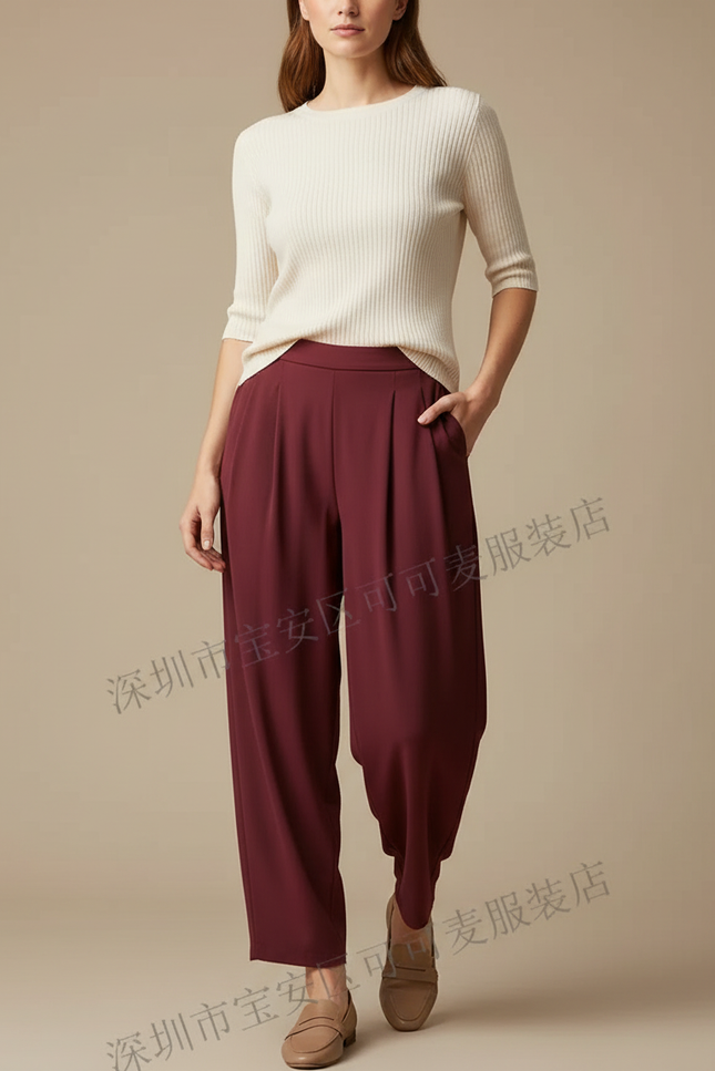 Pantalon À Pince Bordeaux Plissé Fluide Ample Femme - Polyester