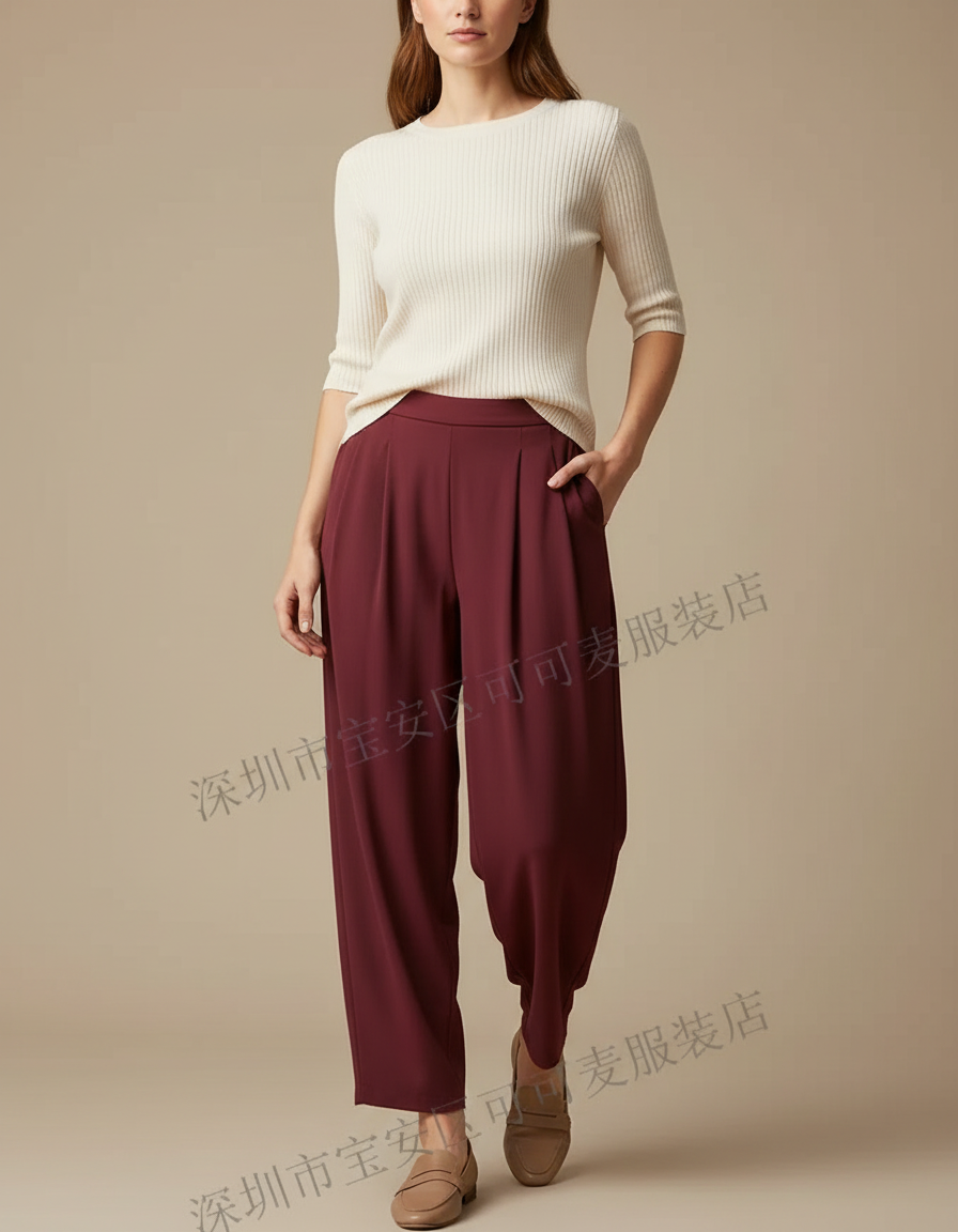 Pantalon À Pince Bordeaux Plissé Fluide Ample Femme - Polyester