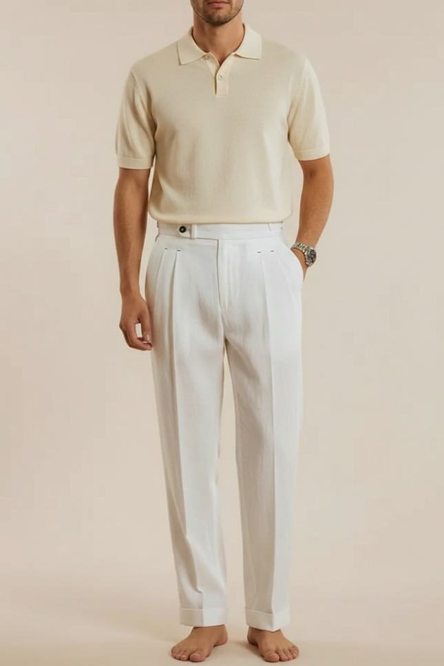 Pantalon À Pince Blanc Lin Plissé Droit Élégant