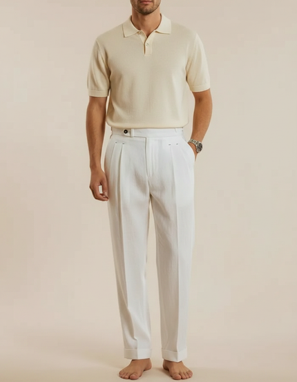 Pantalon À Pince Blanc Lin Plissé Droit Élégant