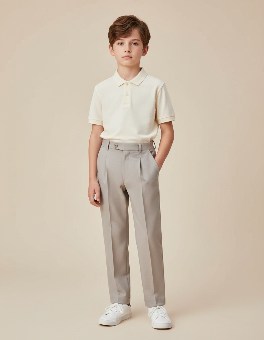 Pantalon À Pince Gris Clair Plissé Droit Enfant - Gabardine