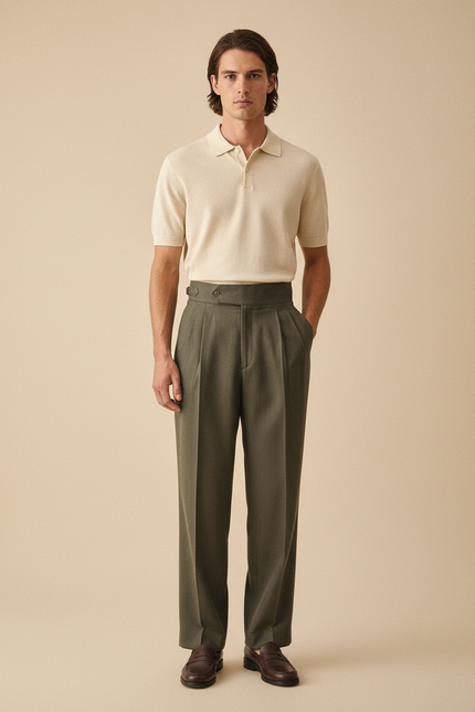 Pantalon À Pince Vert Militaire Ample Plissé Homme - Kaki Gabardine