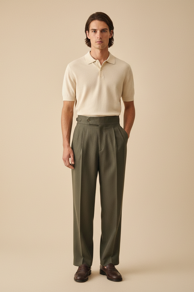 Pantalon À Pince Vert Militaire Ample Plissé Homme - Kaki Gabardine