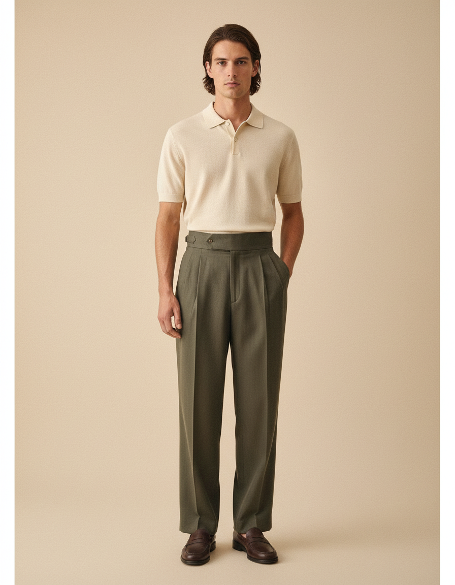 Pantalon À Pince Vert Militaire Ample Plissé Homme - Kaki Gabardine