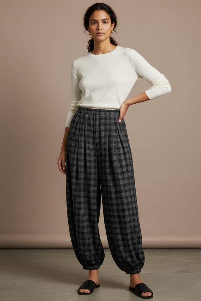 Pantalon À Pince Carreaux Plissé Ample Décontracté Élastique - Imprimé Laine