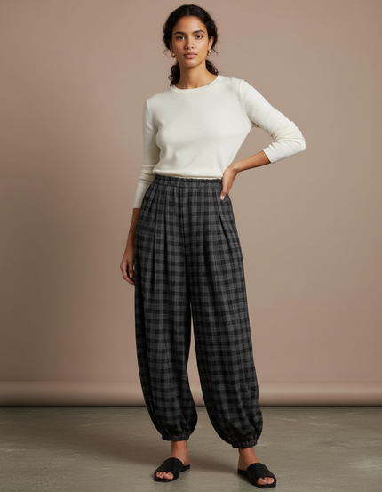 Pantalon À Pince Carreaux Plissé Ample Décontracté Élastique - Imprimé Laine