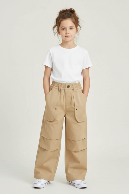 Pantalon À Pince Cargo Ample Coton Enfant Beige - Toile