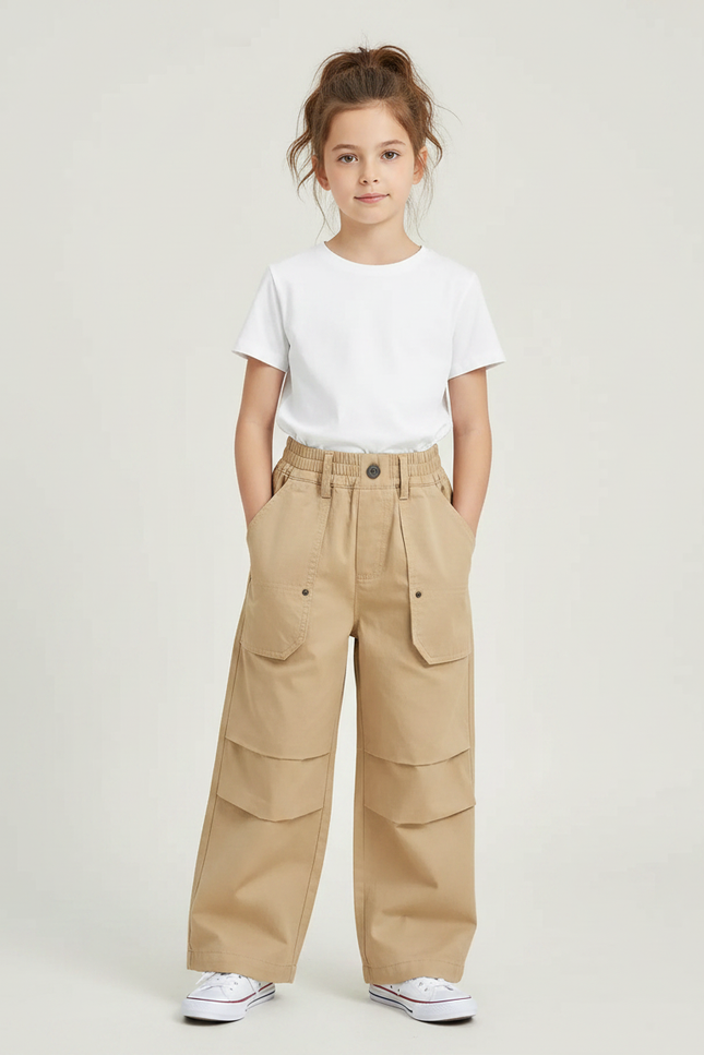 Pantalon À Pince Cargo Ample Coton Enfant Beige - Toile