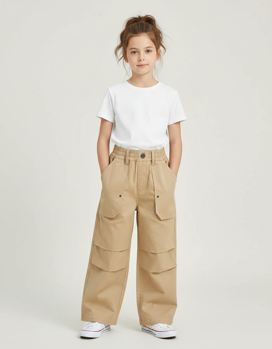 Pantalon À Pince Cargo Ample Coton Enfant Beige - Toile