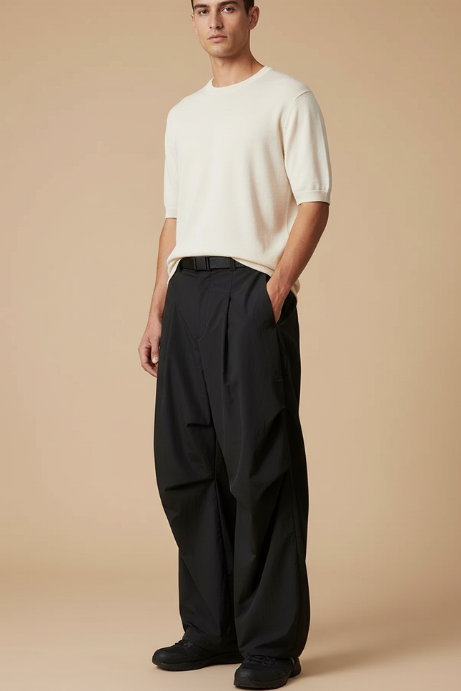 Pantalon À Pince Noir Ample Plissé Décontracté Nylon - Polyester