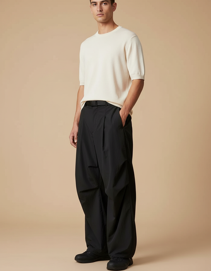 Pantalon À Pince Noir Ample Plissé Décontracté Nylon - Polyester