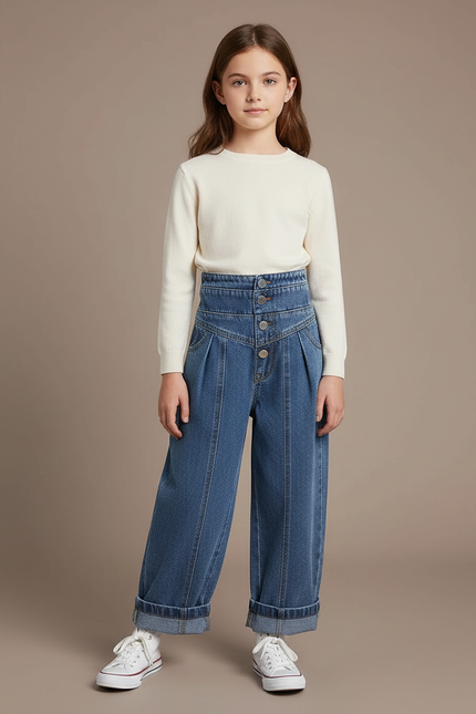 Pantalon À Pince Denim Plissé Ample Fille Décontracté - Bleu Jean