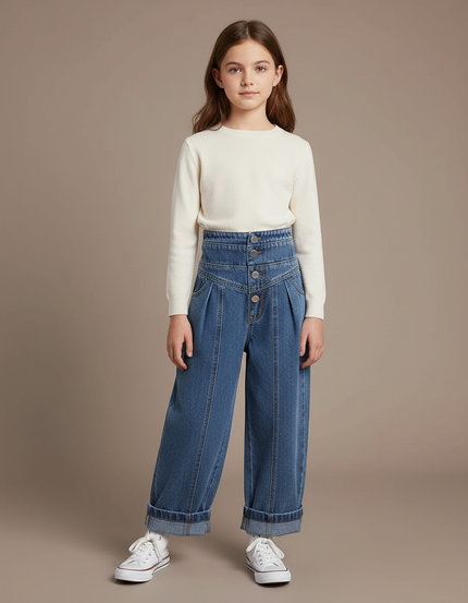 Pantalon À Pince Denim Plissé Ample Fille Décontracté - Bleu Jean