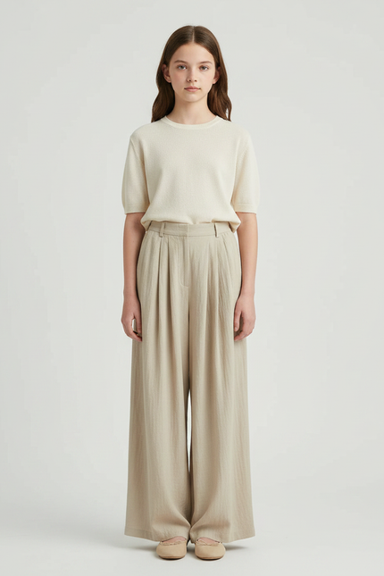 Pantalon À Pince Beige Ample Fluide Décontracté Femme - Lin