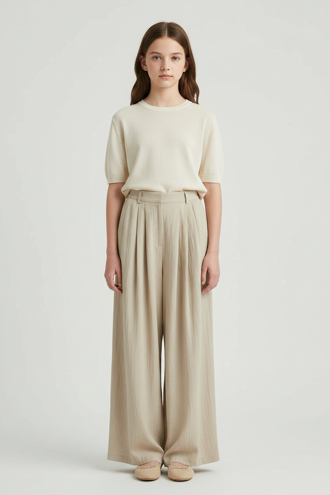 Pantalon À Pince Beige Ample Fluide Décontracté Femme - Lin