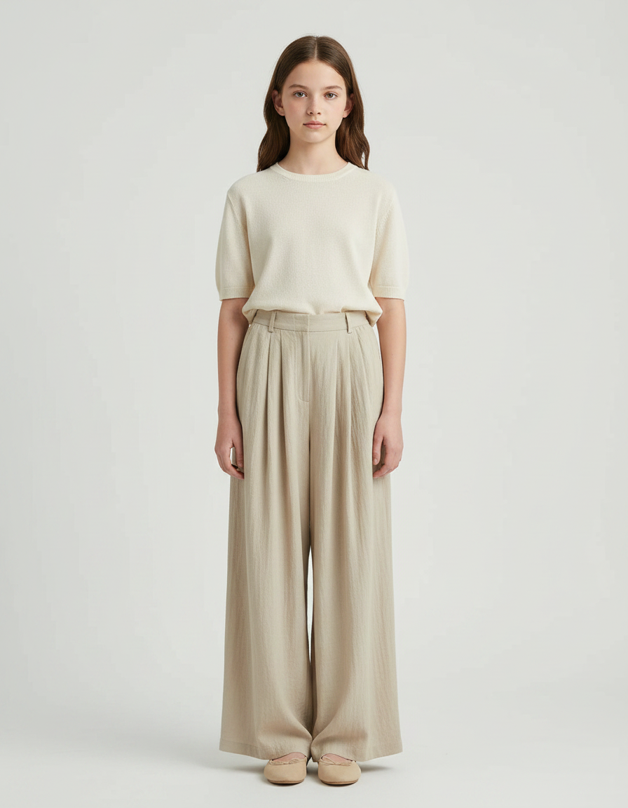 Pantalon À Pince Beige Ample Fluide Décontracté Femme - Lin