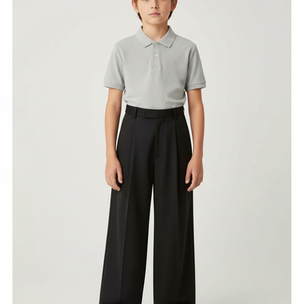 Pantalon À Pince Noir Ample Plissé Taille Haute Décontracté - Polyester