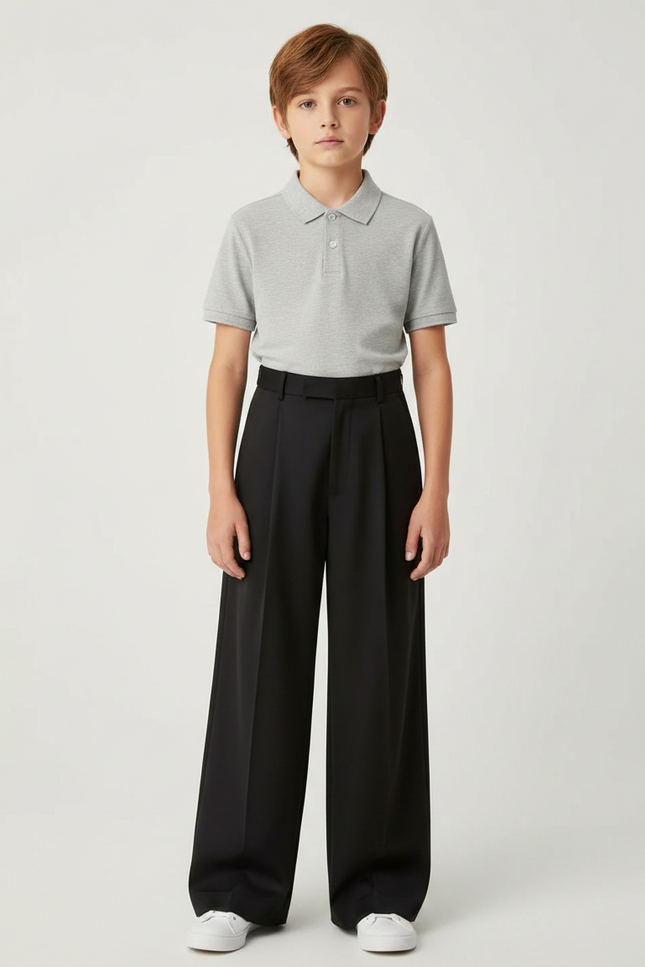 Pantalon À Pince Noir Ample Plissé Taille Haute Décontracté - Polyester