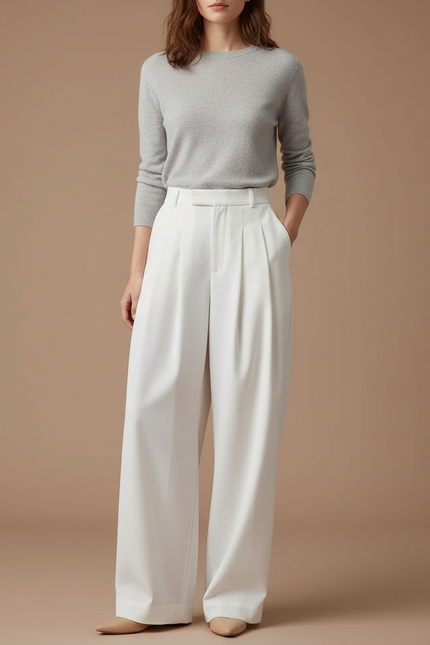 Pantalon À Pince Blanc Évasé Taille Haute Élégant - Gabardine