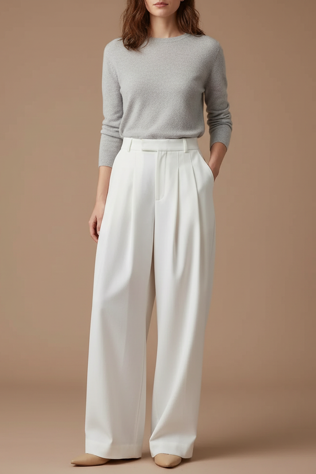Pantalon À Pince Blanc Évasé Taille Haute Élégant - Gabardine