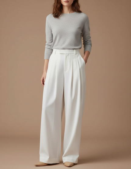 Pantalon À Pince Blanc Évasé Taille Haute Élégant - Gabardine
