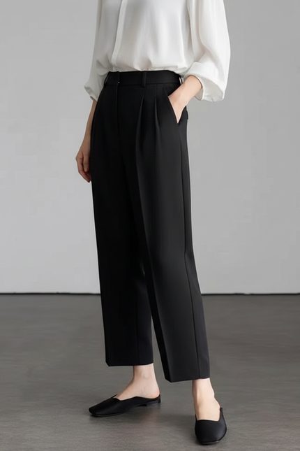 Pantalon À Pince Noir Fluide Taille Haute Élégant Femme - Viscose