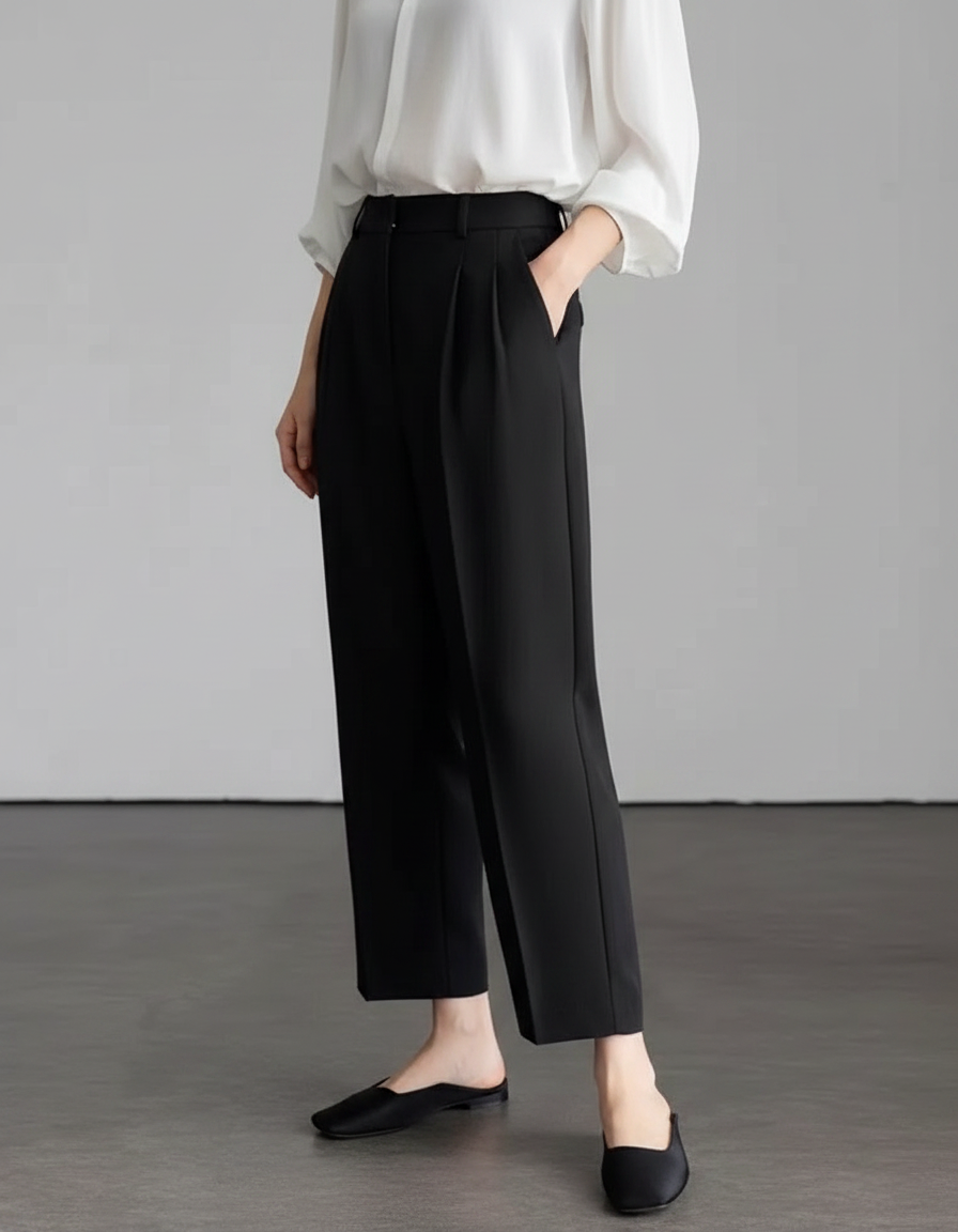 Pantalon À Pince Noir Fluide Taille Haute Élégant Femme - Viscose