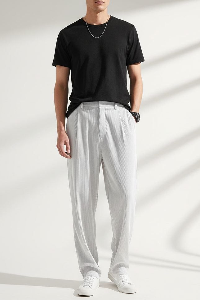 Pantalon À Pince Blanc Plissé Fluide Droit Été - Polyester