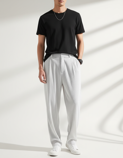 Pantalon À Pince Blanc Plissé Fluide Droit Été - Polyester