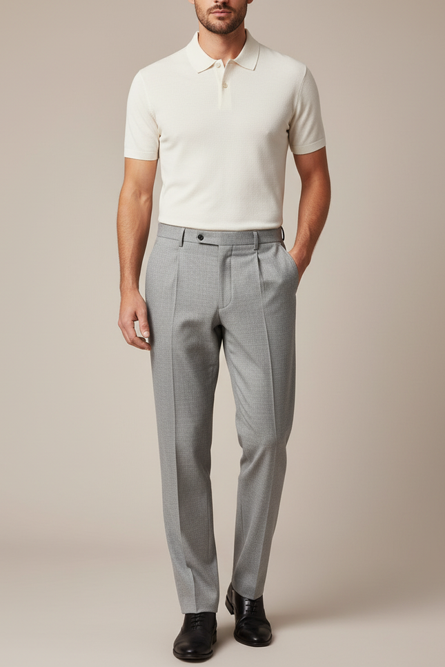 Pantalon À Pince Gris Clair Laine Plissé Droit Formel
