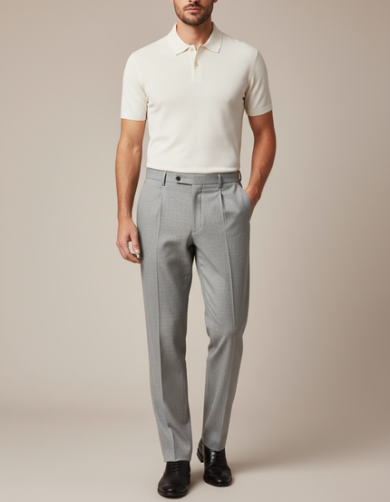 Pantalon À Pince Gris Clair Laine Plissé Droit Formel