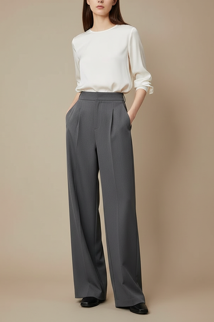 Pantalon À Pince Gris Fluide Ample Élégant - Polyester