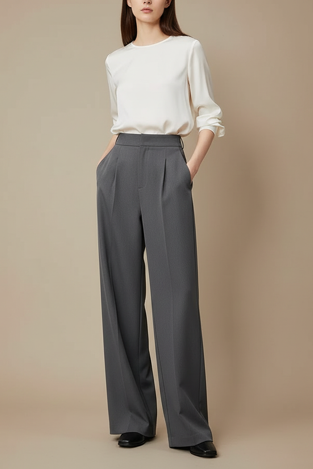 Pantalon À Pince Gris Fluide Ample Élégant - Polyester