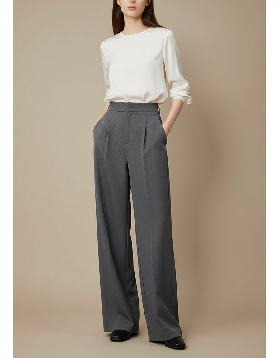 Pantalon À Pince Gris Fluide Ample Élégant - Polyester