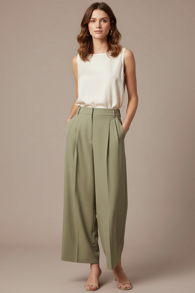 Pantalon À Pince Kaki Plissé Ample Fluide Élégant - Polyester