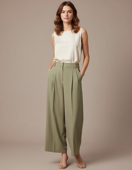 Pantalon À Pince Kaki Plissé Ample Fluide Élégant - Polyester